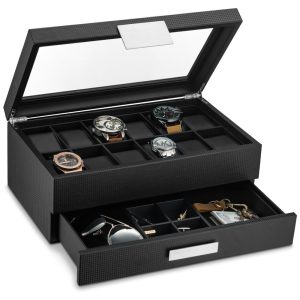 Caixa Estojo de Fibra de Carbono para Relógios com 12 Compartimentos Glenor Co Preto