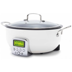 Panela Elétrica GreenPan Essential Smart 6QT 120V Revestimento Cerâmico Antiadherente Display LCD Tampa de Vidro Temperado Cor Cream White