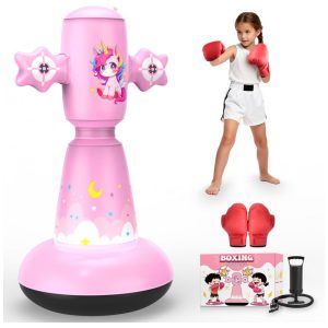 BaiYuan Saco de Pancadas Inflável 147 cm para Crianças - Tema Unicórnio Rosa - Conjunto Completo para Boxe e Treino de Karate