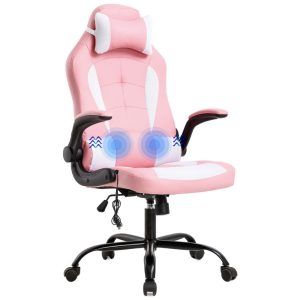 Cadeira Gamer BestOffice Couro PU Massagem Ergonômica 360 Graus Rosa