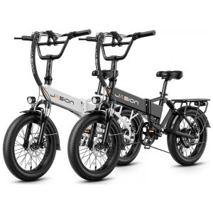 Kit com 2 bicicletas elétricas dobráveis Jasion EB7 branco perolado e preto profundo pneus 20x3 motor até 1200W bateria 48V 10Ah 7 marchas suspensão dupla e voltagem 110V