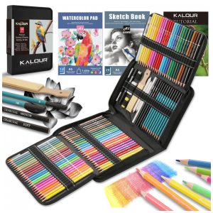 Kit de colorir e sketch 106 peças KALOUR com lápis aquarela metálico fluorescente sketchbook bloco aquarela e estojo nylon