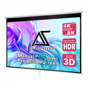 Tela de projeção manual 100" Akia Screens branca 16:10 MaxWhite 2 4K 8K para teto ou parede