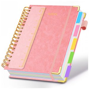Caderno universitário espiral capa dura GDGDSY B5 8x10 5 matérias 300 páginas pautadas divisórias removíveis capa couro sintético rosa