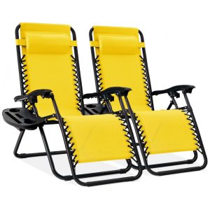 Cadeira de Praia Reclinável Zero Gravity em Aço Mesh Ajustável - Conjunto de 2 com Almofadas e BandejasBest Choice Products