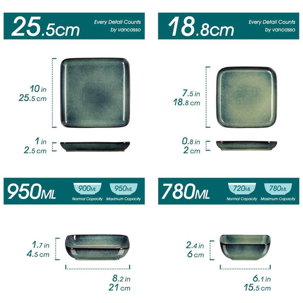 Aparelho de Jantar com 16 Peças Quadradas de Cerâmica em Esmalte Reativo Vancasso Verde - Imagem 2