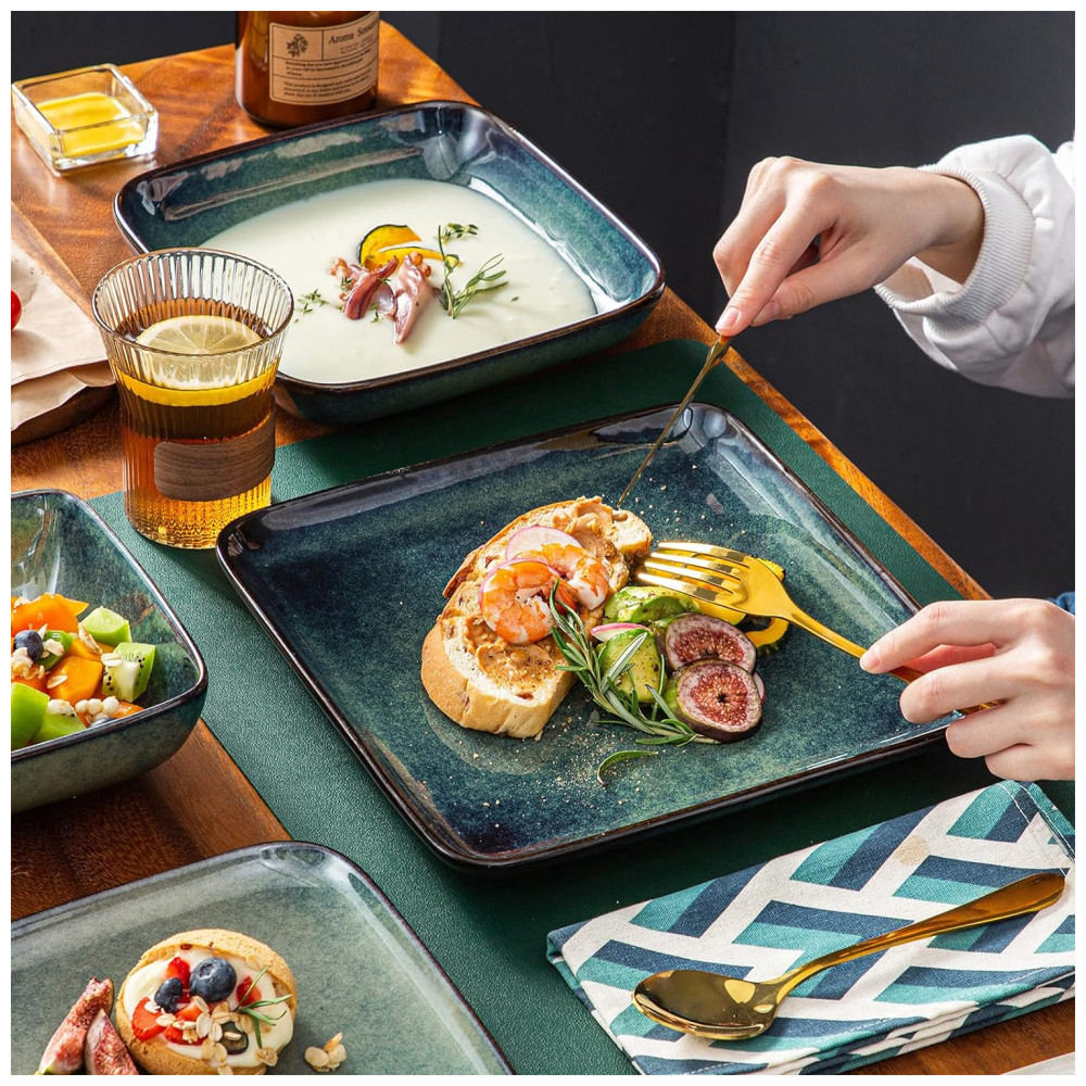 Aparelho de Jantar com 16 Peças Quadradas de Cerâmica em Esmalte Reativo Vancasso Verde - Imagem 7