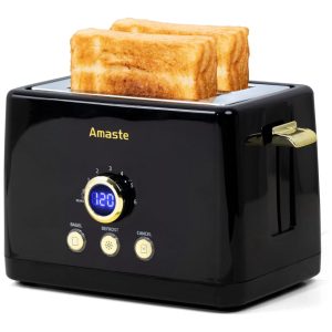 Torradeira Elétrica Retrô 2 Fatias com 6 Níveis de Tostagem em Aço Inoxidável e Painel Digital 110V 850W Amaste Preta