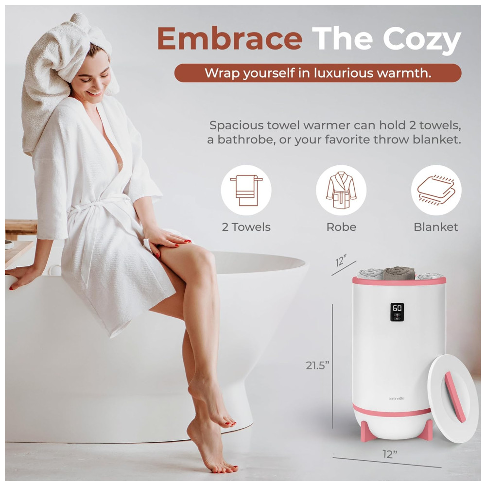 Aquecedor de Toalha Elétrico com Desligamento Automático Temporizador Integrado até 60 Min e Suporte para Disco Perfumado 110V 500W SereneLife Branco e Rosa - Imagem 2