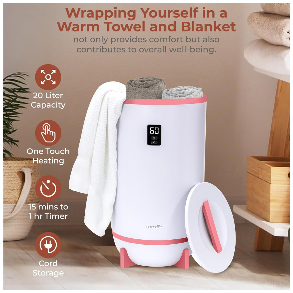 Aquecedor de Toalha Elétrico com Desligamento Automático Temporizador Integrado até 60 Min e Suporte para Disco Perfumado 110V 500W SereneLife Branco e Rosa - Imagem 6