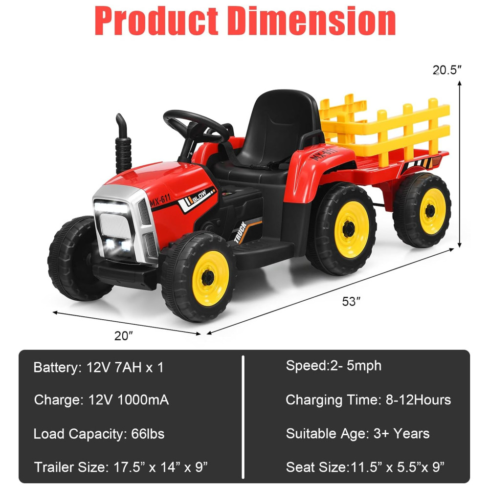 Costzon Trator Elétrico 1 Assento 12V com Luzes de LED Vermelho - Imagem 5
