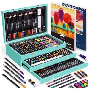 Kit Lápis de Cor Profissional com Maleta de Madeira 175 Peças e Tintas Acrílicas Aquarela Color More Azul