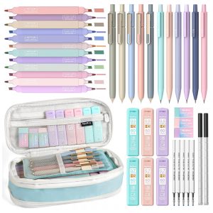 Kit escolar 39 peças Nicpro azul com estojo e marcadores pastel para escrita e destaque