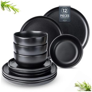 Conjunto de Jantar AmorArc em Cerâmica Stoneware Preto Fosco Bordas Onduladas Alta Resistência 12 Peças para 4 Pessoas