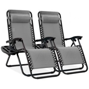 Cadeiras de Praia Zero Gravity Ajustáveis em Conjunto de 2 Malha de Aço - Cinza Gelo com Almofadas e SuporteBest Choice Products