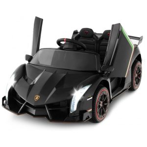 Carro Elétrico Infantil Licenciado 2 Lugares Lamborghini Veneno OLAKIDS Preto 12V 4WD Suspensão Controle Remoto Música USB MP3