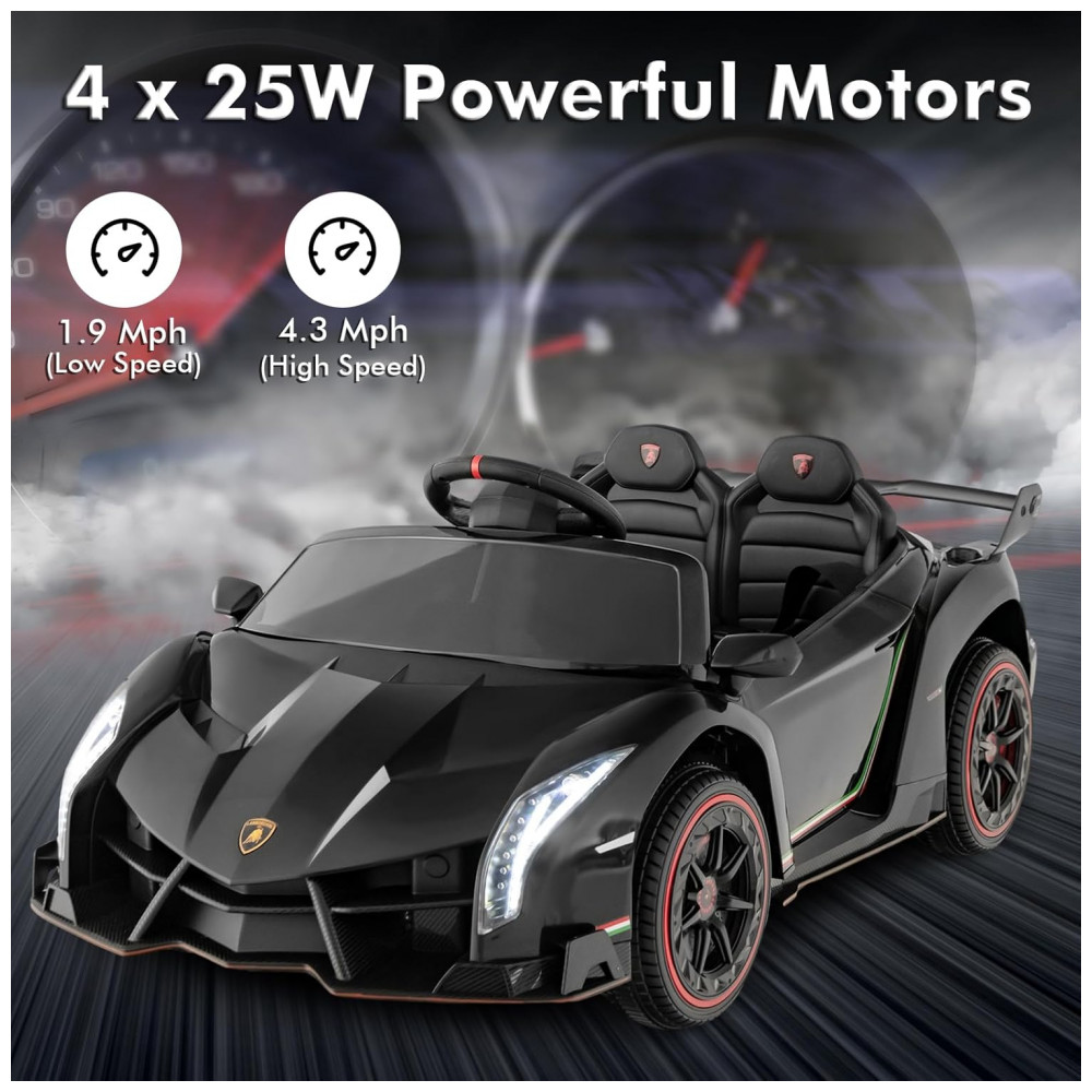 Carro Elétrico Infantil Licenciado 2 Lugares Lamborghini Veneno OLAKIDS Preto 12V 4WD Suspensão Controle Remoto Música USB MP3 - Imagem 4