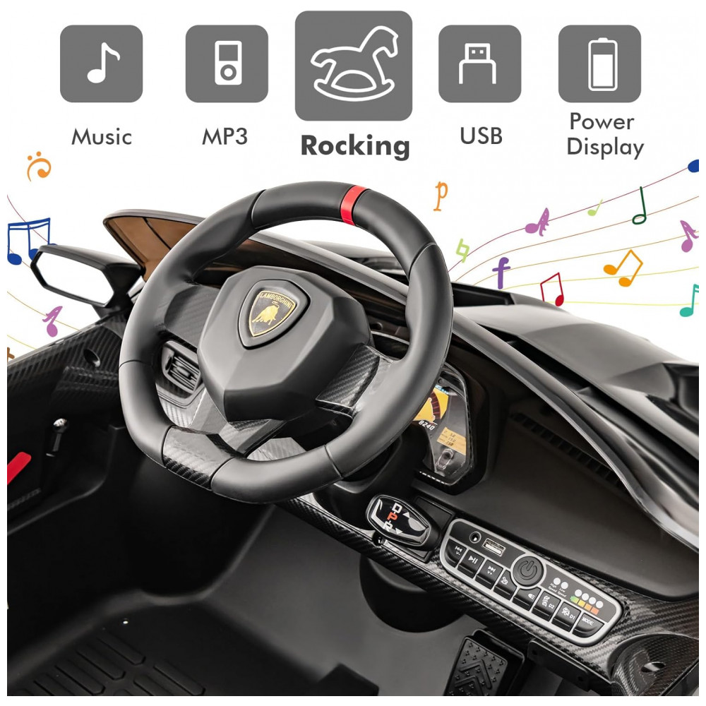 Carro Elétrico Infantil Licenciado 2 Lugares Lamborghini Veneno OLAKIDS Preto 12V 4WD Suspensão Controle Remoto Música USB MP3 - Imagem 5