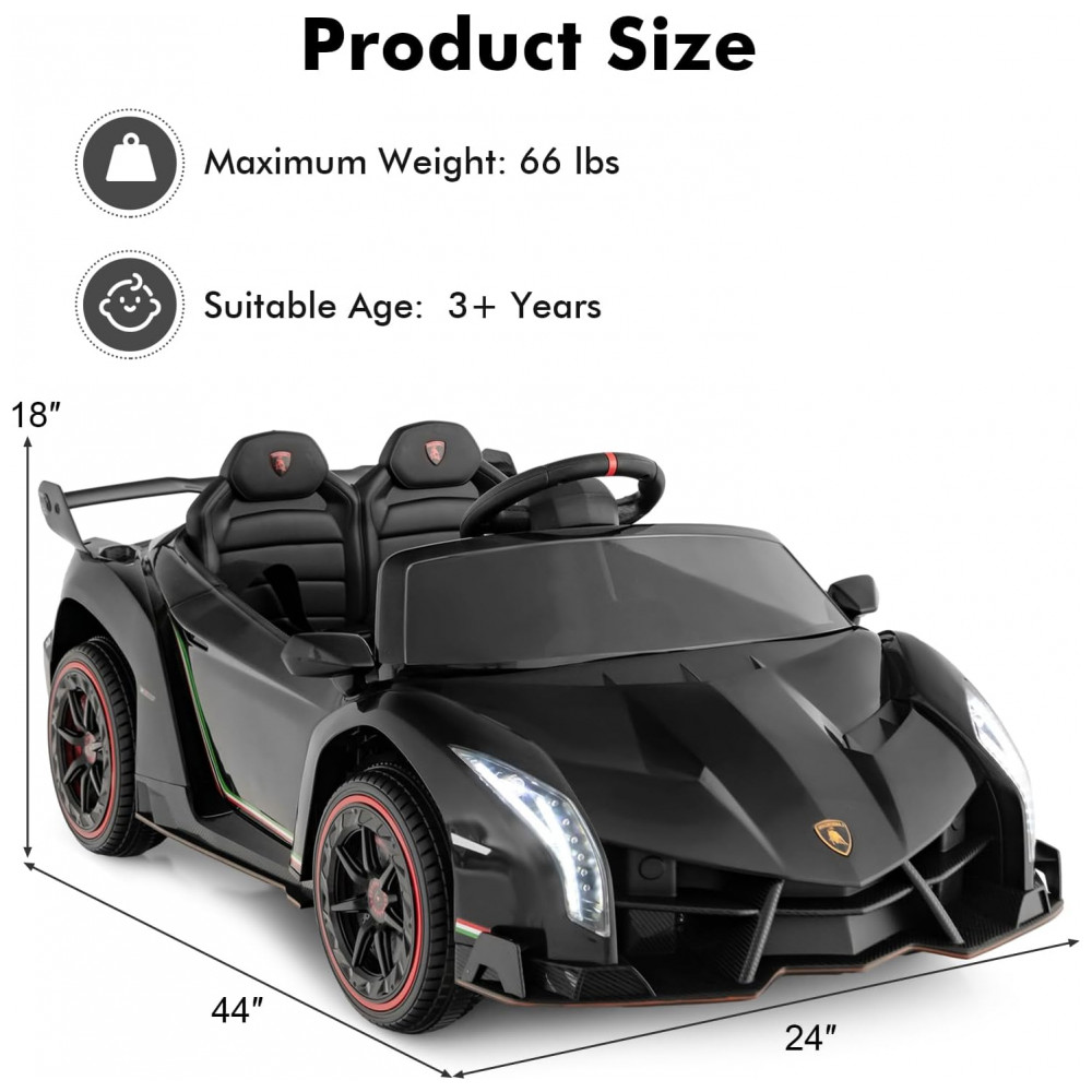 Carro Elétrico Infantil Licenciado 2 Lugares Lamborghini Veneno OLAKIDS Preto 12V 4WD Suspensão Controle Remoto Música USB MP3 - Imagem 7