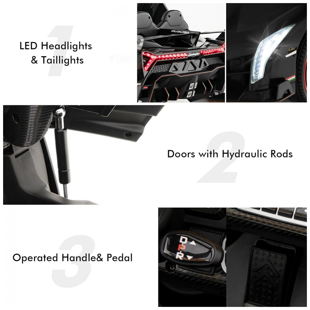 Carro Elétrico Infantil Licenciado 2 Lugares Lamborghini Veneno OLAKIDS Preto 12V 4WD Suspensão Controle Remoto Música USB MP3 - Imagem 8