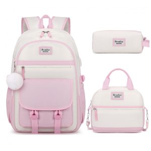 Mochila Bevalsa 3 em 1 rosa e bege com lancheira e estojo para notebook até 156" e porta USB
