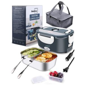 Marmita Elétrica Portátil 3 em 1 com Garfo Colher e Bolsa para Transporte 12V bivolt 80W Buddew Branco e Azul