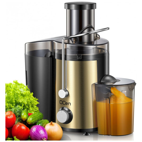 Extrator de Suco Centrífugo QCen, 800W com Boca Larga de 3 Entradas para Frutas e Vegetais, Fácil de Limpar, Aço Inoxidável, Livre de BPA Ouro 800W