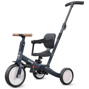 Triciclo Infantil 4 em 1 com Alça de Direção dos Pais e Pedais Removíveis para Crianças de 1 a 4 Anos Newyoo TR007 Cinza Escuro
