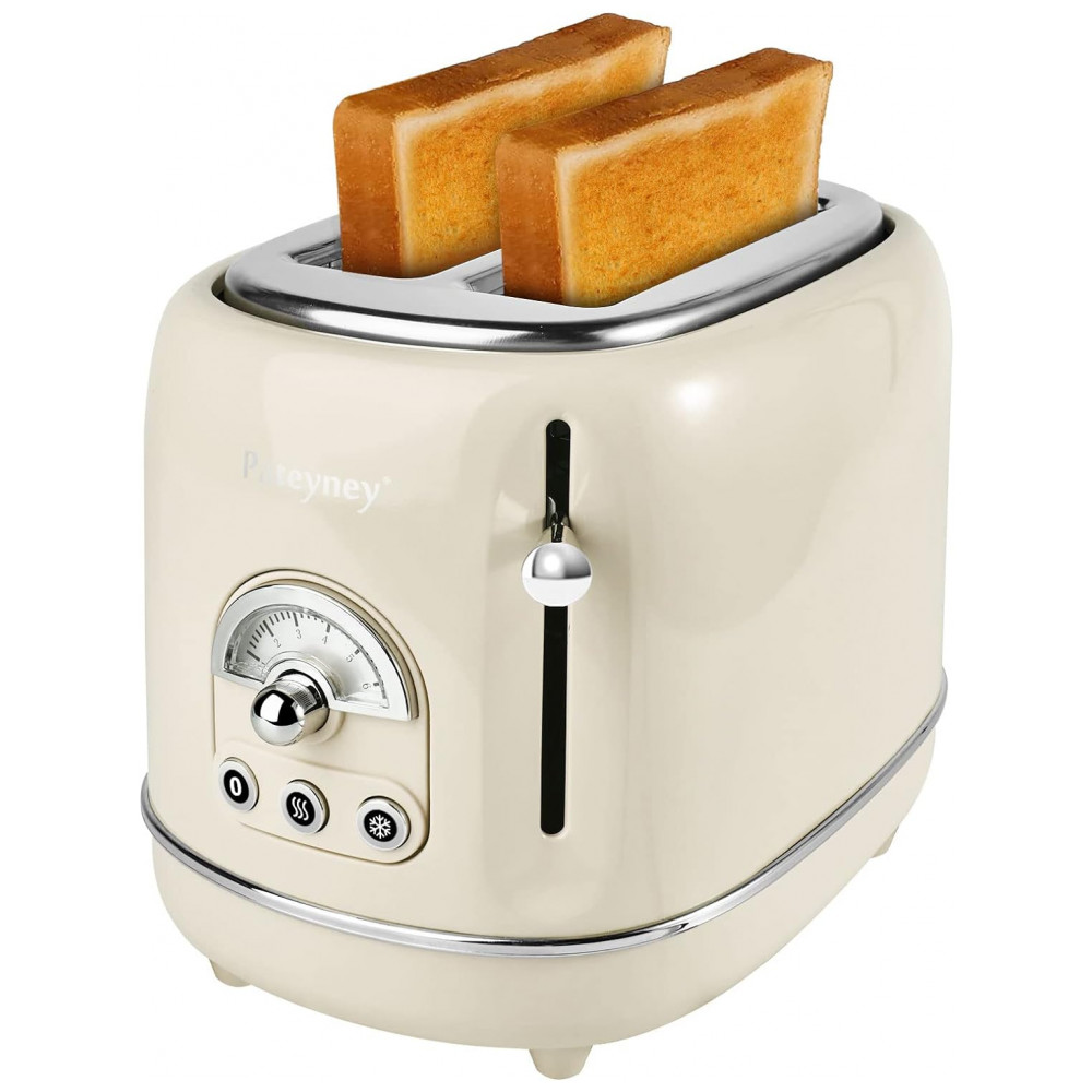 Torradeira Elétrica Retrô 2 Fatias em Aço Inoxidável com 6 Configurações de Tostagem e Bandeja de Migalhas Removível 850W Pateyney Creme