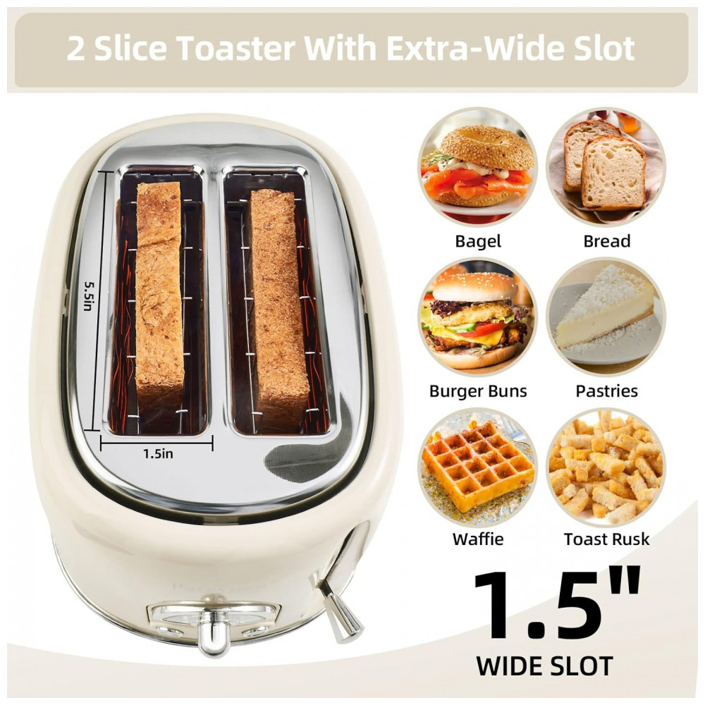 Torradeira Elétrica Retrô 2 Fatias em Aço Inoxidável com 6 Configurações de Tostagem e Bandeja de Migalhas Removível 850W Pateyney Creme - Imagem 2