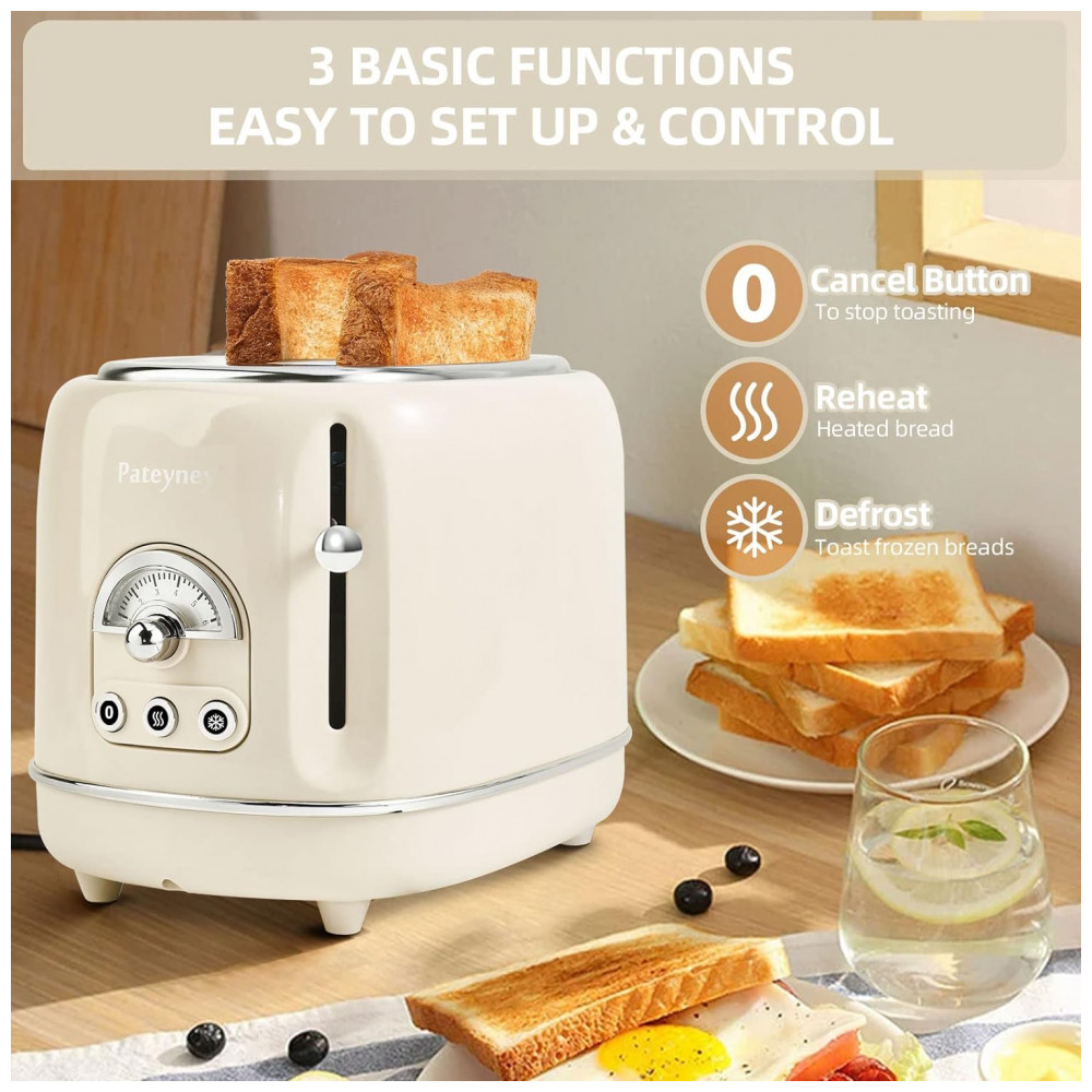 Torradeira Elétrica Retrô 2 Fatias em Aço Inoxidável com 6 Configurações de Tostagem e Bandeja de Migalhas Removível 850W Pateyney Creme - Imagem 3