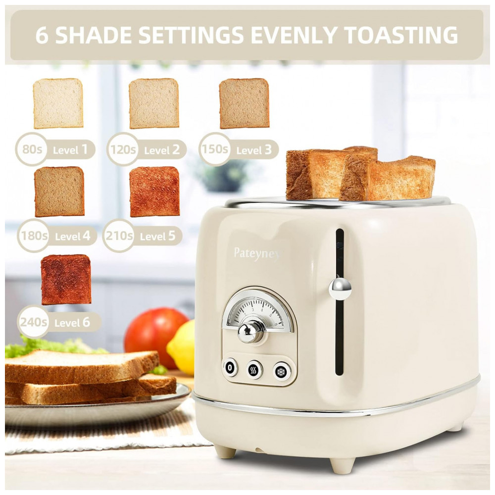 Torradeira Elétrica Retrô 2 Fatias em Aço Inoxidável com 6 Configurações de Tostagem e Bandeja de Migalhas Removível 850W Pateyney Creme - Imagem 4