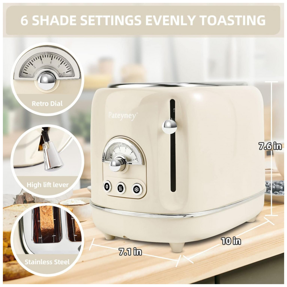 Torradeira Elétrica Retrô 2 Fatias em Aço Inoxidável com 6 Configurações de Tostagem e Bandeja de Migalhas Removível 850W Pateyney Creme - Imagem 5