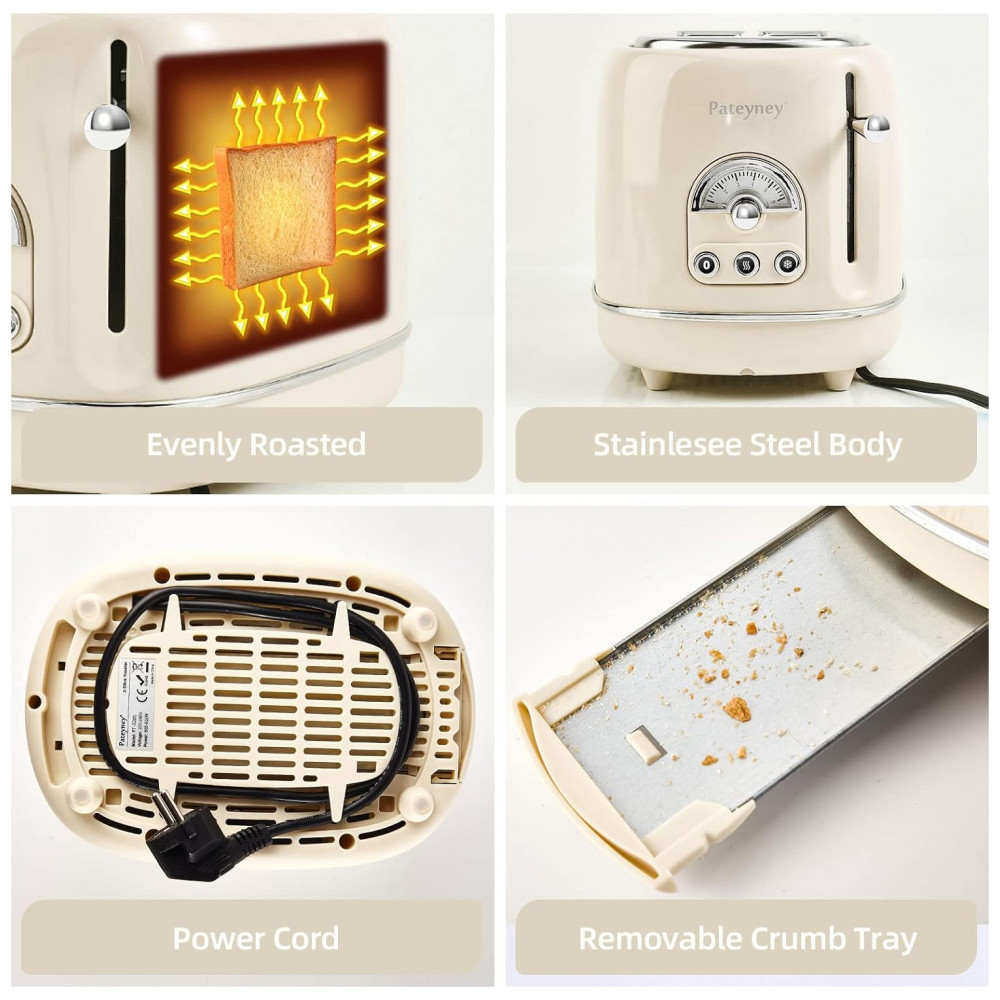 Torradeira Elétrica Retrô 2 Fatias em Aço Inoxidável com 6 Configurações de Tostagem e Bandeja de Migalhas Removível 850W Pateyney Creme - Imagem 6