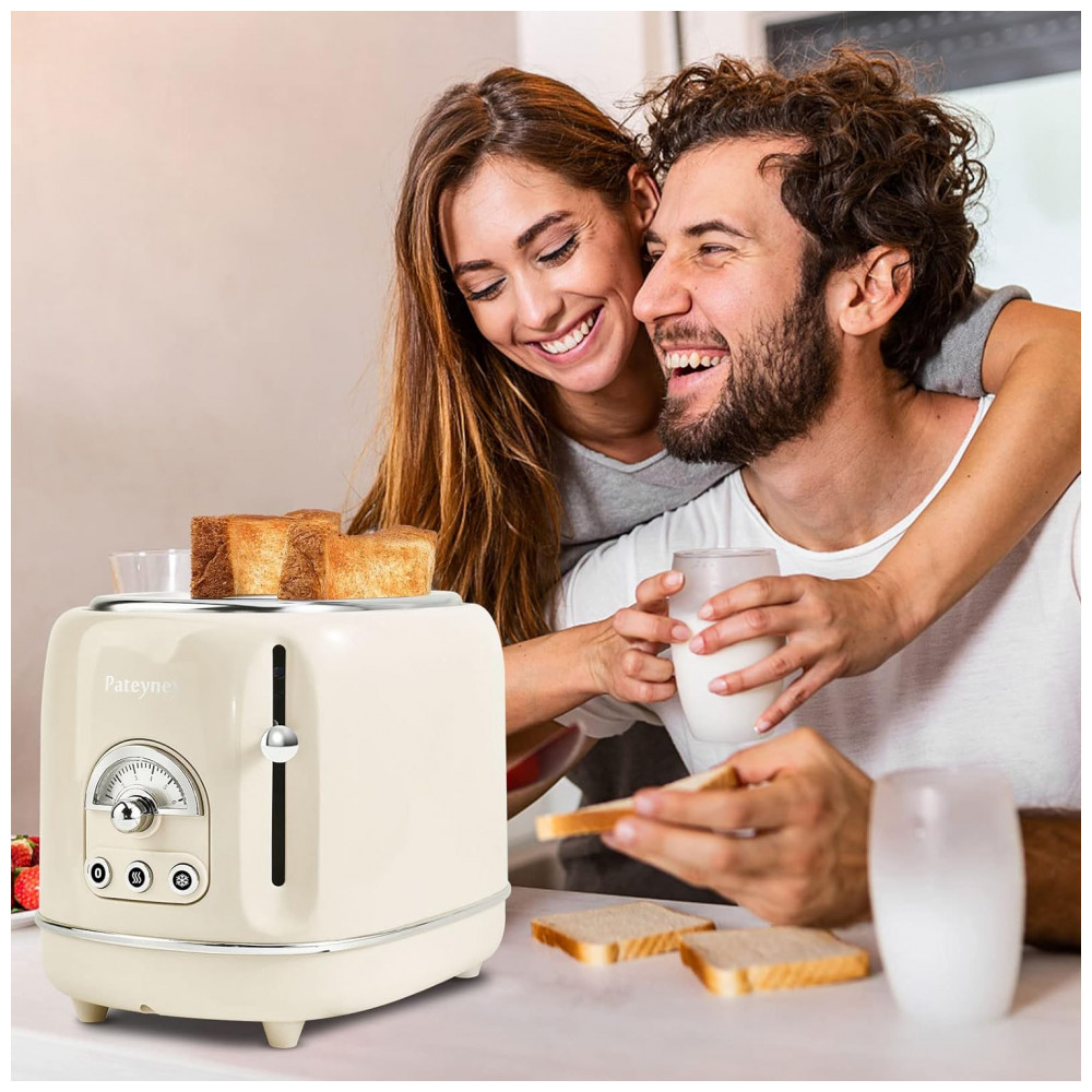 Torradeira Elétrica Retrô 2 Fatias em Aço Inoxidável com 6 Configurações de Tostagem e Bandeja de Migalhas Removível 850W Pateyney Creme - Imagem 7