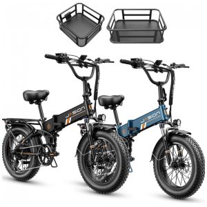 Kit 2 bicicletas elétricas dobráveis Jasion X-Hunter Pro preta e azul cestos pneus 20x4 motor 750W pico 1800W bateria 48V 15Ah 80 km 110V