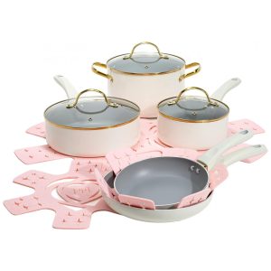 Jogo de Panelas e Frigideiras com Revestimento Antiaderente e Tampas de Vidro Temperado 12 Peças Paris Hilton Creme