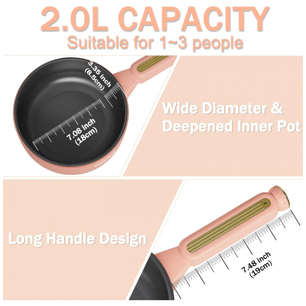 TopWit Panela Elétrica Portátil 2L com Revestimento Antiaderecente Controle Duplo de Potência e Espátula de Silicone Pêssego - Imagem 2