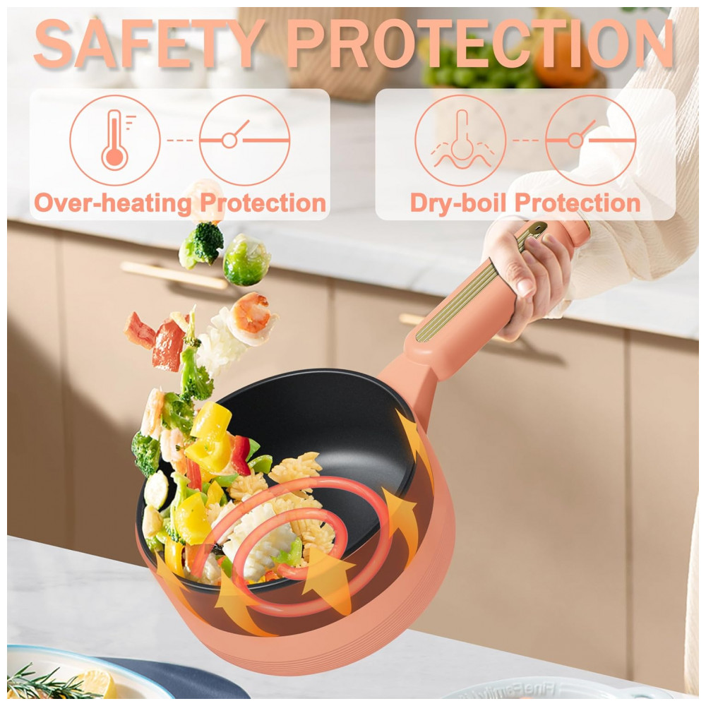 TopWit Panela Elétrica Portátil 2L com Revestimento Antiaderecente Controle Duplo de Potência e Espátula de Silicone Pêssego - Imagem 5