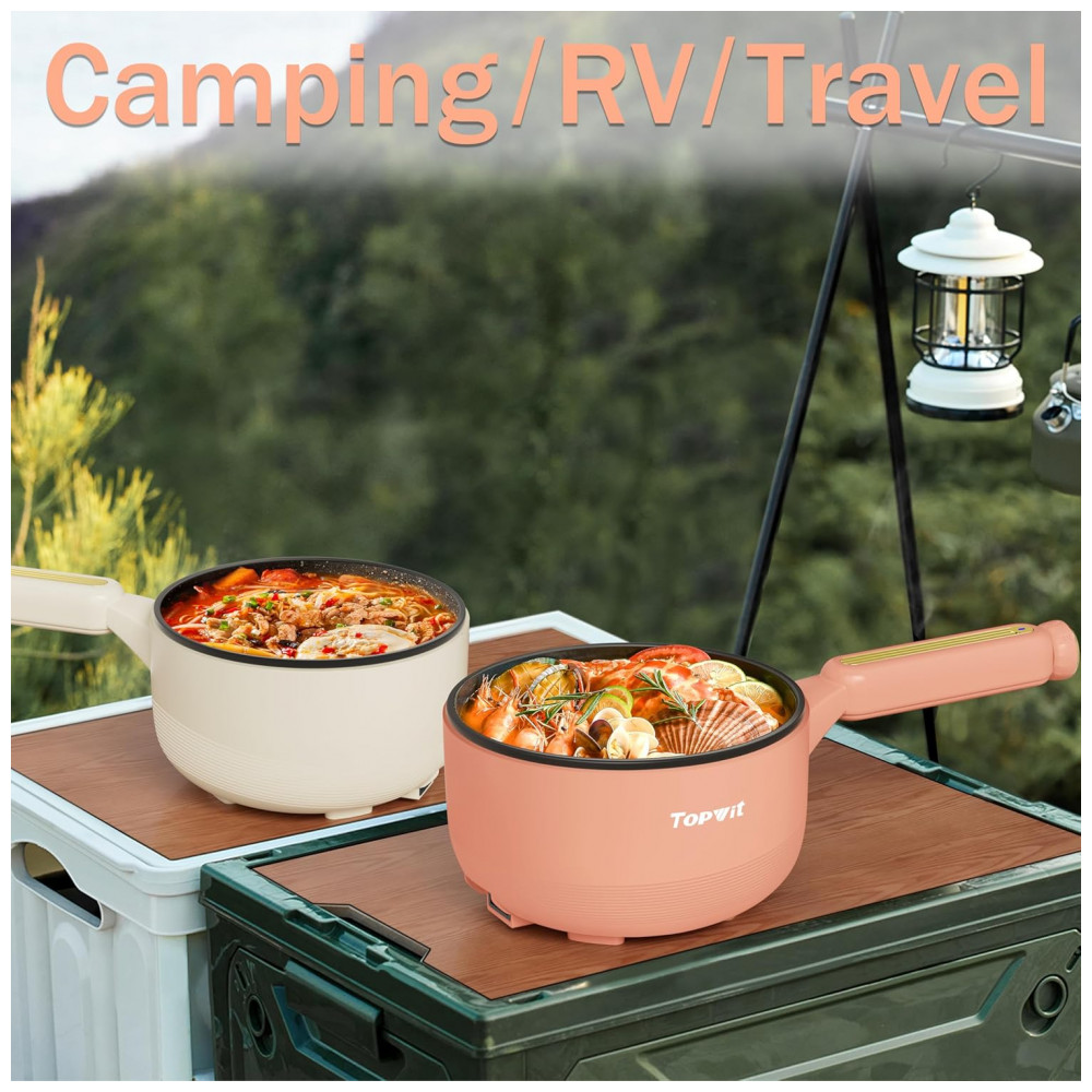 TopWit Panela Elétrica Portátil 2L com Revestimento Antiaderecente Controle Duplo de Potência e Espátula de Silicone Pêssego - Imagem 7
