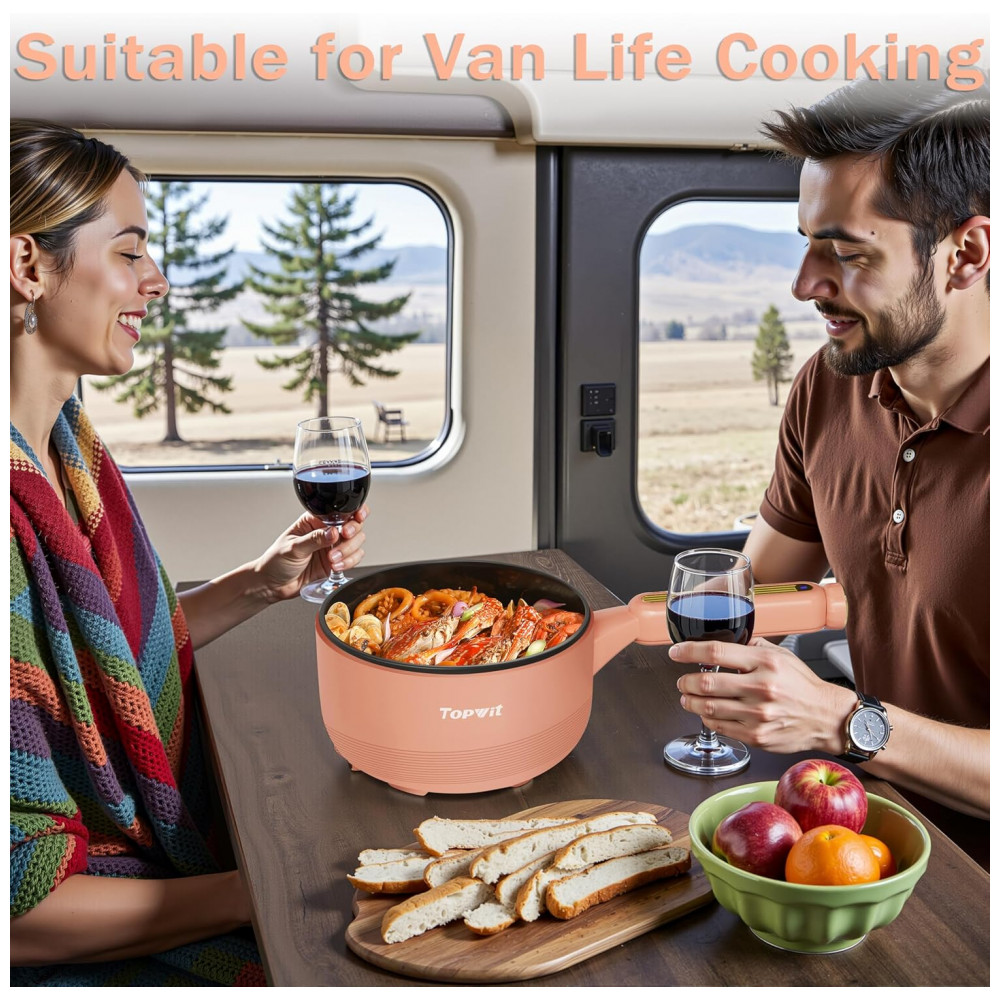 TopWit Panela Elétrica Portátil 2L com Revestimento Antiaderecente Controle Duplo de Potência e Espátula de Silicone Pêssego - Imagem 8