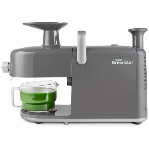 Centrifuga de Frutas em Aço Inoxidável com Duplo Mastigador Caixa de Limpeza Fácil Ferramenta de Limpeza de Tela e Jarro de Vidro 110V 170W Tribest Cinza