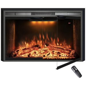 Lareira Elétrica de Embutir A69x101L cm com Controle Remoto Porta de Vidro Tela de Malha Som de Crepitação de Fogo 3 Cores de Chamas Ajustáveis e Luz Superior 110V 1500W Velaychimney Preta
