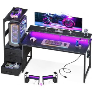 Mesa Gamer Reversível AODK 150 cm Fibra de Carbono Preto com Luzes LED Tomadas USB 3 Gavetas de Tecido e Suporte para Monitor