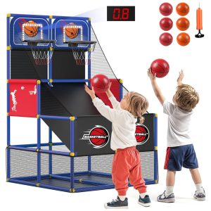 Jogo de Basquete Arcade Infantil para 2 Jogadores com 6 Bolas Placar Eletrônico e Luz LED para Crianças de 3 a 8 Anos M SANMERSEN Azul