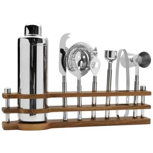 Kit Bartender Profissional 8 Peças em Aço Inoxidável com Suporte de Madeira Mikasa Prata