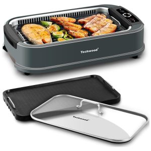 Churrasqueira Elétrica Techwood Sem Fumaça 1500W Grelha Coreana de Mesa  com Vidro Temperado Placas Removíveis de Grelha e Chapa com Bandeja