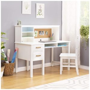 Escrivaninha infantil Guidecraft Taiga branca com hutch gavetas nichos e cadeira em madeira para estudo e uso de computador