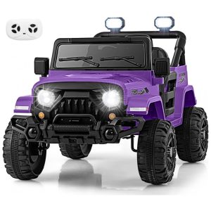 Carro Elétrico Infantil OLAKIDS Roxo 12V Controle Remoto Jeep LED Bluetooth 2 Velocidades Suspensão Música USB MP3 3-8 Anos