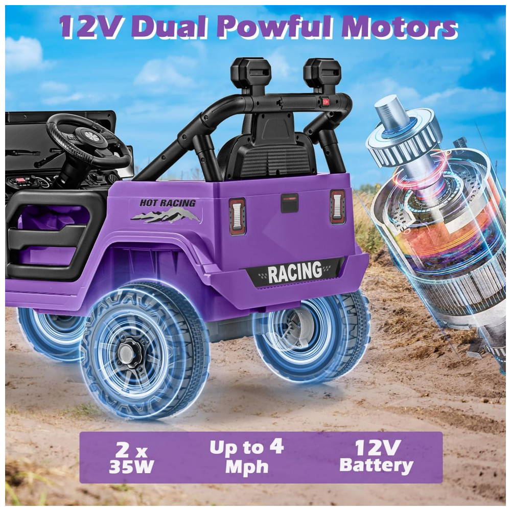 Carro Elétrico Infantil OLAKIDS Roxo 12V Controle Remoto Jeep LED Bluetooth 2 Velocidades Suspensão Música USB MP3 3-8 Anos - Imagem 3